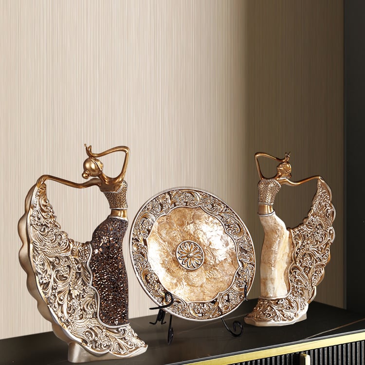 絵画 1S225-30 3PCS Vintage Gold Figure Statue Sculpture Set Romantic Shell
