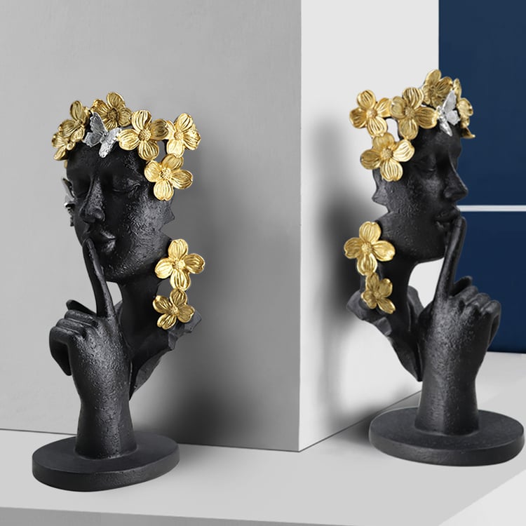 ＊ハンドメイド オブジェ＊ Man of Think, The Future Black & Gold Thinker Sculpture Statue Resin Romantic Silence