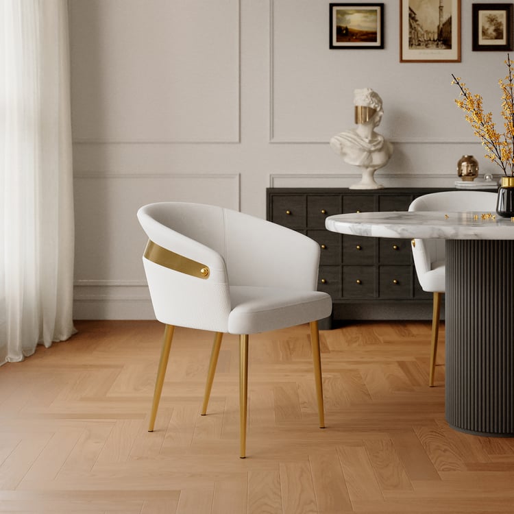 Modern White PU Leather Dining Chair with Curved Back & Gold Legs