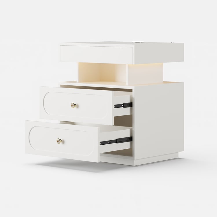 Comodino Moderno Con Luci LED E Cassetti, Bianco Lucido Con 2 Cassetti + Scomparto Segreto Superiore, RGB Regolabile Con Telecomando, Mobiletto Notte Per Camera Da Letto