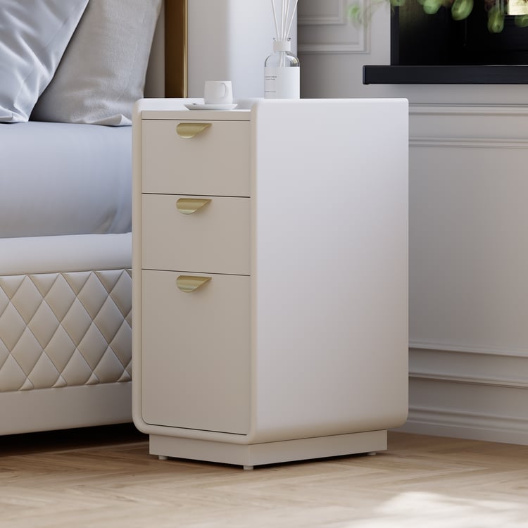 Schmaler Nachttisch für Boxspringbett mit 3 Schubladen aus Leder in Weiß, 60 cm hoch und 30cm breit｜Homary ES