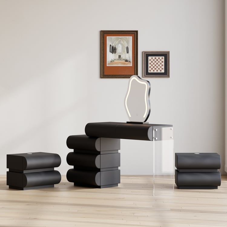 Humply Black Leather Dressing Table with Mirror and 2 Bedside TablesHomary  DE