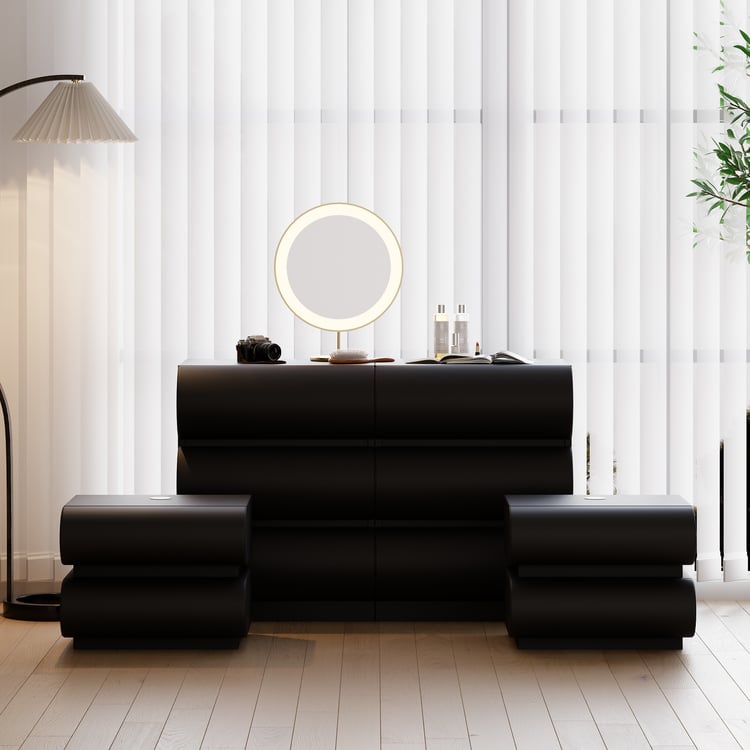 Bedroom Set 2 Black Leather Smart Nightstands & Leather 6-Drawer