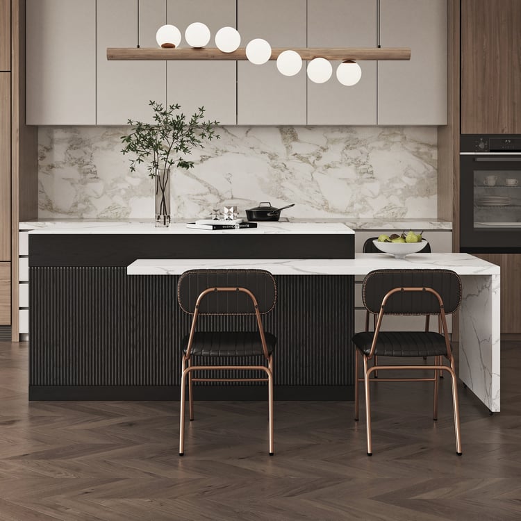 Ensemble d'îlot de cuisine noir extensible de 2050 mm à 2680 mm et 2 chaises de salle à manger noires en similicuir
