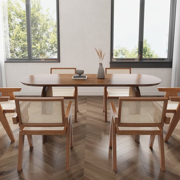 1800mm Japandi Dining Table & 6 Walnut Japandi Rattan Dining