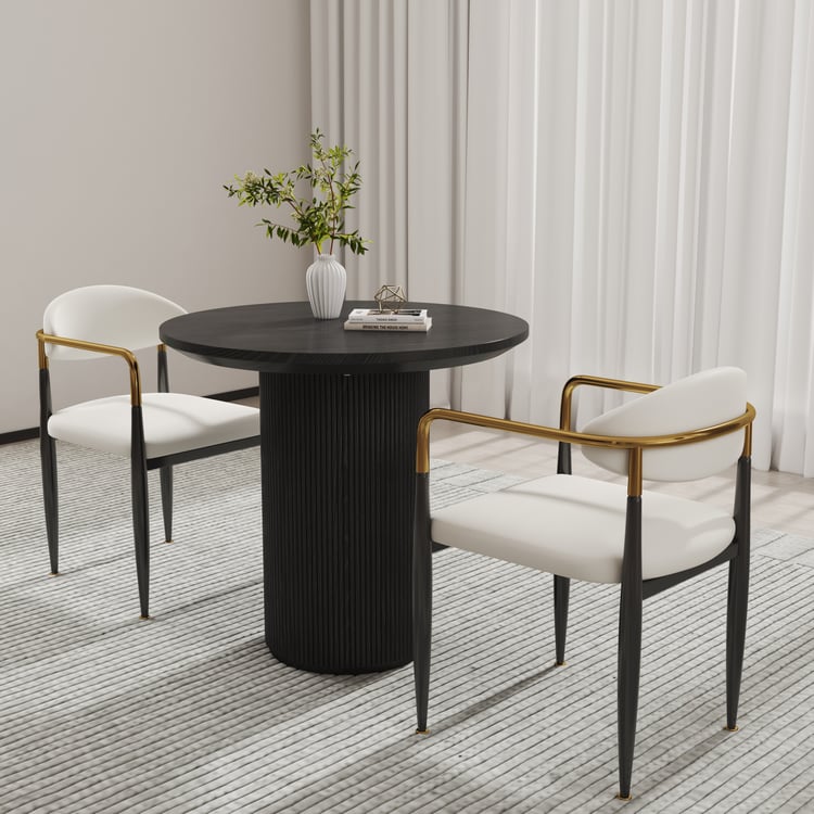 White PU Leather Dining Chairs & Round Small Dining Table Set Black Wood Tabletop