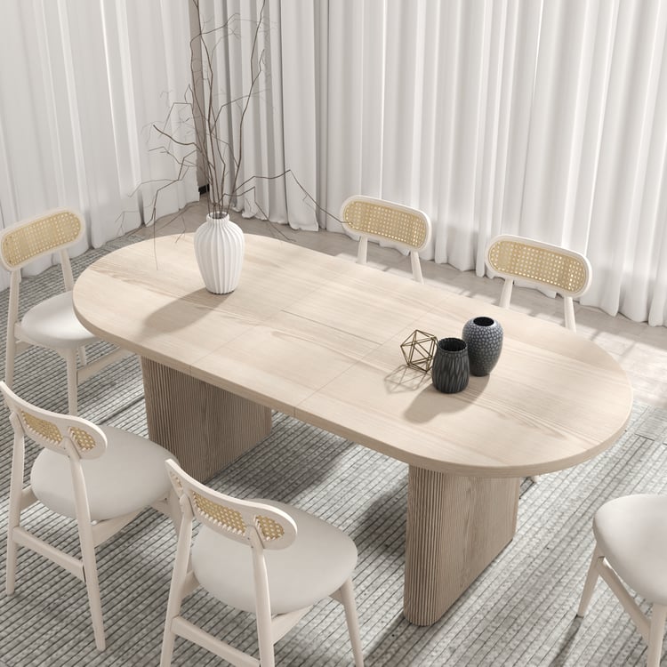 Japandi Oval Extendable Whitewash Dining Table & 6 Wood Rattan Dining ...