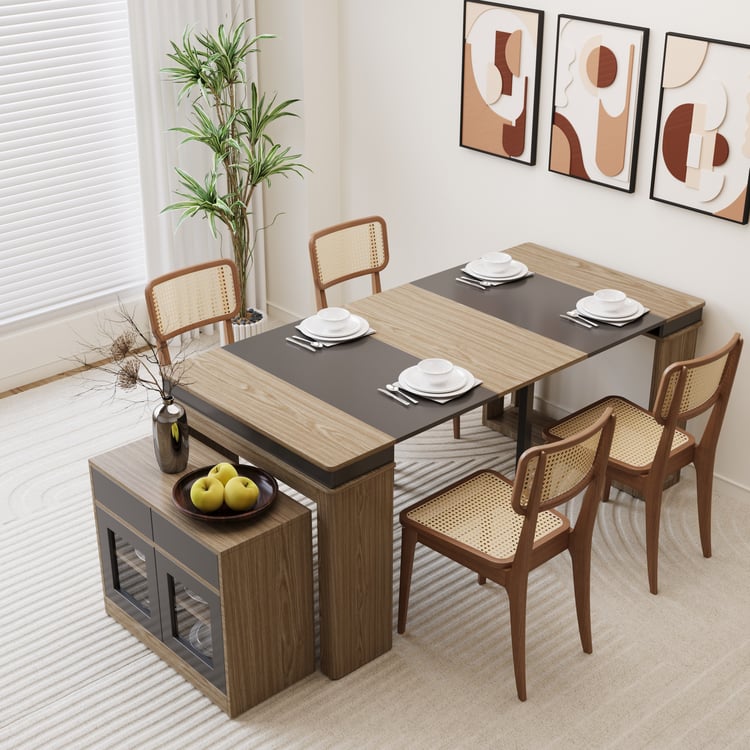 Modern Extendable Dining Table & Walnut Side Chair Cane Dining Chairs ...