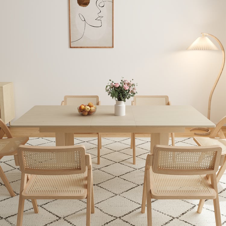 Japandi Extendable Whitewash Dining Table & 6 Dining Chairs Set