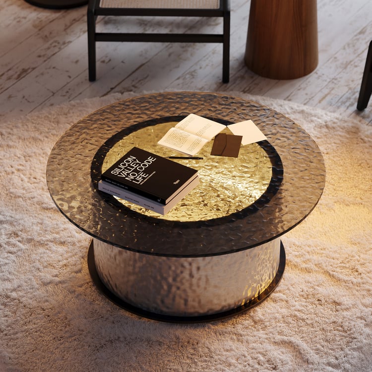 Glass Top Round Pedestal Coffee Table Modern LED Black with