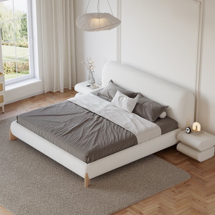 Modern White Boucle Platform Bed King Size Bed Frame with