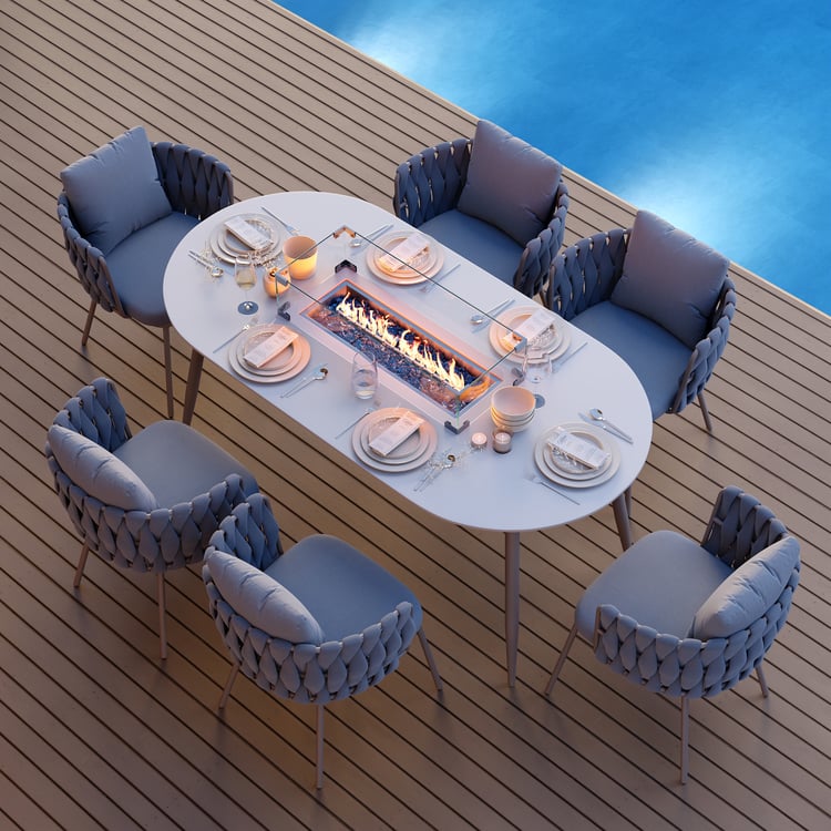 7 Pieces Outdoor Dining Set with Oval Propane Fire Pit Table & Rope Woven Armchair