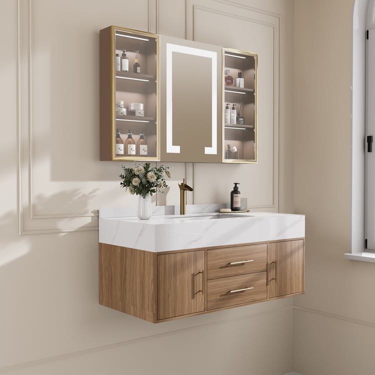 1000mm Floating Ceramic Sink & Stone Top in Walnut & Bathroom Cabinet Vanity