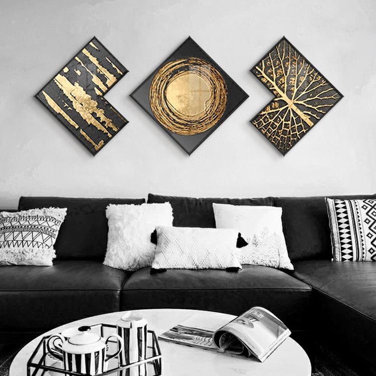 Modern Gold & Black Abstract Wall Art Set of 3 Luxury Textured