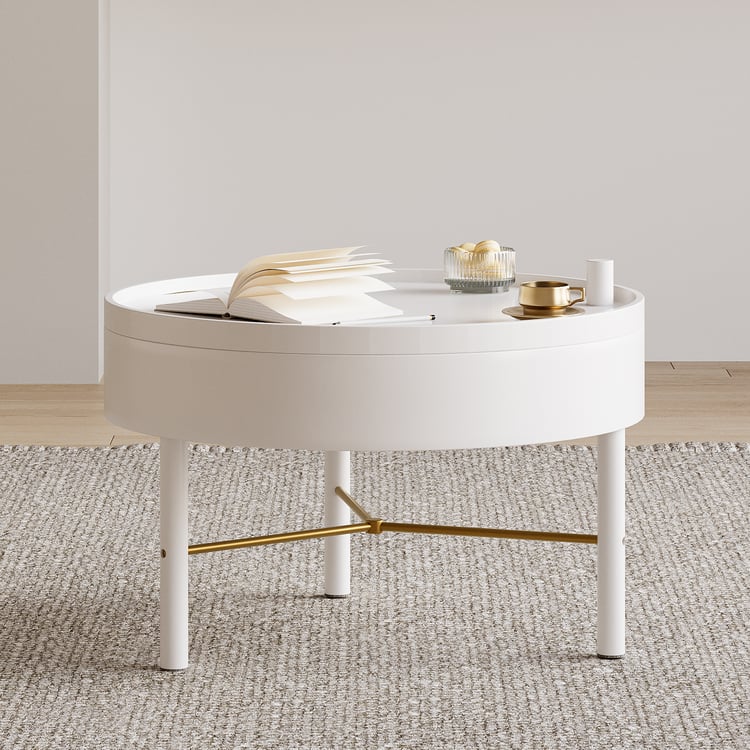Modern Round Wood Rotating Tray Coffee Table with Storage & Metal Legs