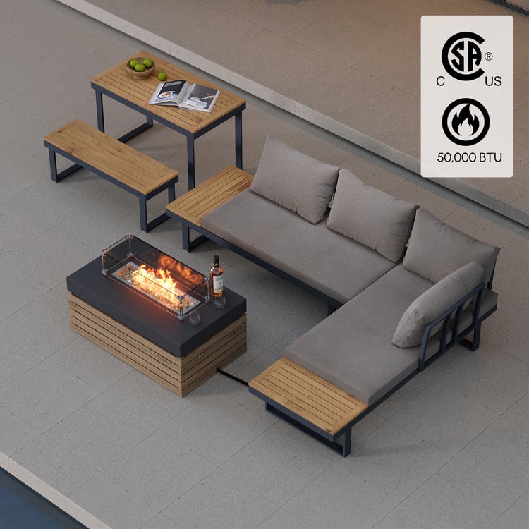 Aluminum Wood Outdoor Sectional Sofa & Propane Gas Fire Pit Table