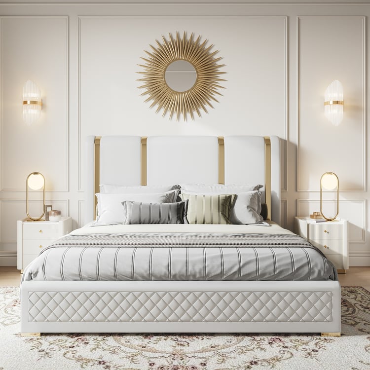 King Size Upholstered Bed Frame Polished Gold & Faux Leather Headboard & Nightstands Set