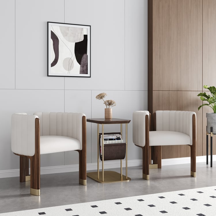 Modern Wood Accent Chair White Microfiber Leather Upholstered Arm