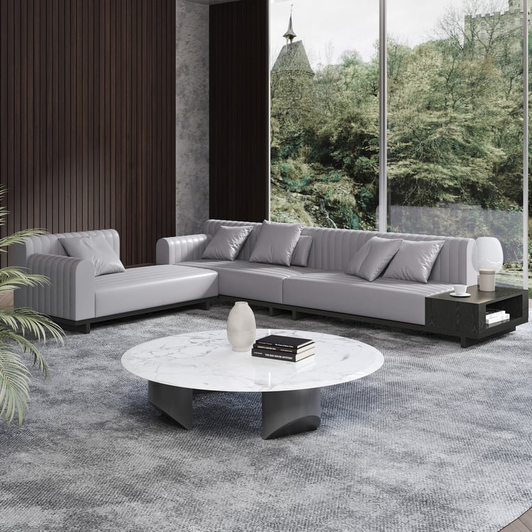 L-förmiges Ecksofa aus Kunstleder, 157 Zoll, modernes hellgraues Ecksofa mit Stauraum und Beistelltisch|Homary ES