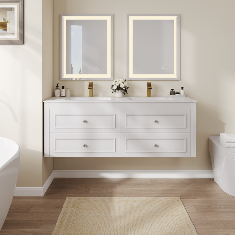 Bathroom Vanity Set 58.6"Modern Floating Ceramic Bathroom Vanity White with Double Sinks