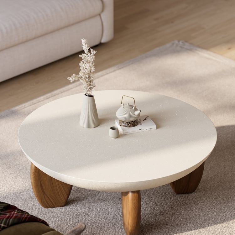 Concrete Round Coffee Table with Ash Wood Legs, Modern Beige Table