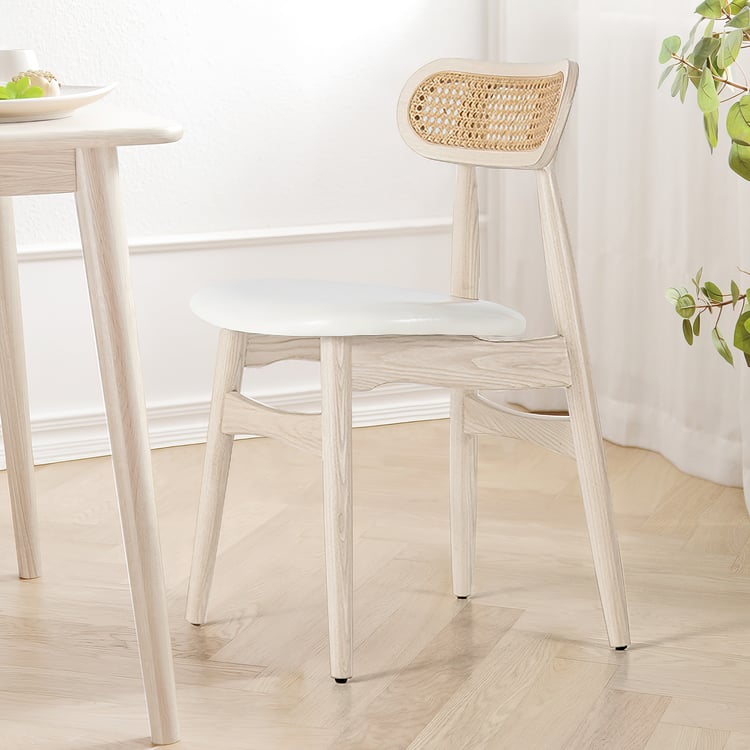 Japandi Rattan Dining Chair Faux Leather Upholstered Bleached