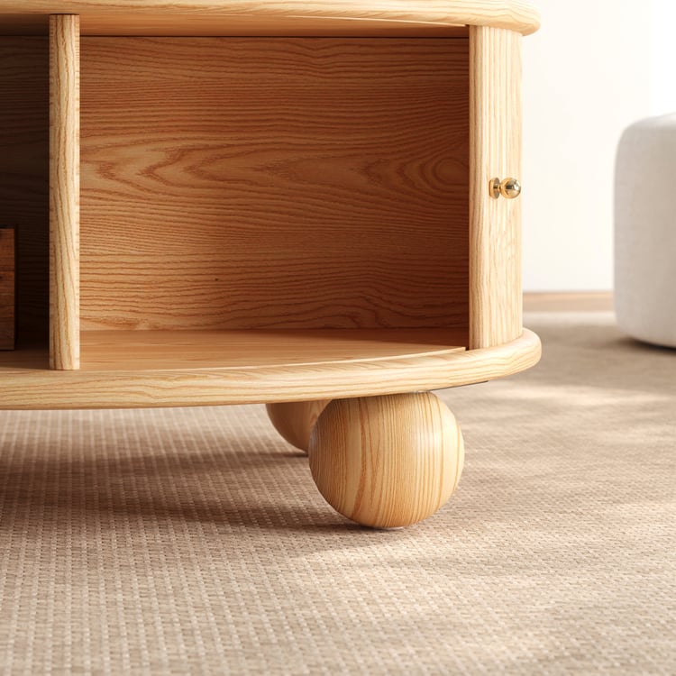 Ash Solid Wood Mid Century Modern Round Coffee Table with Storage