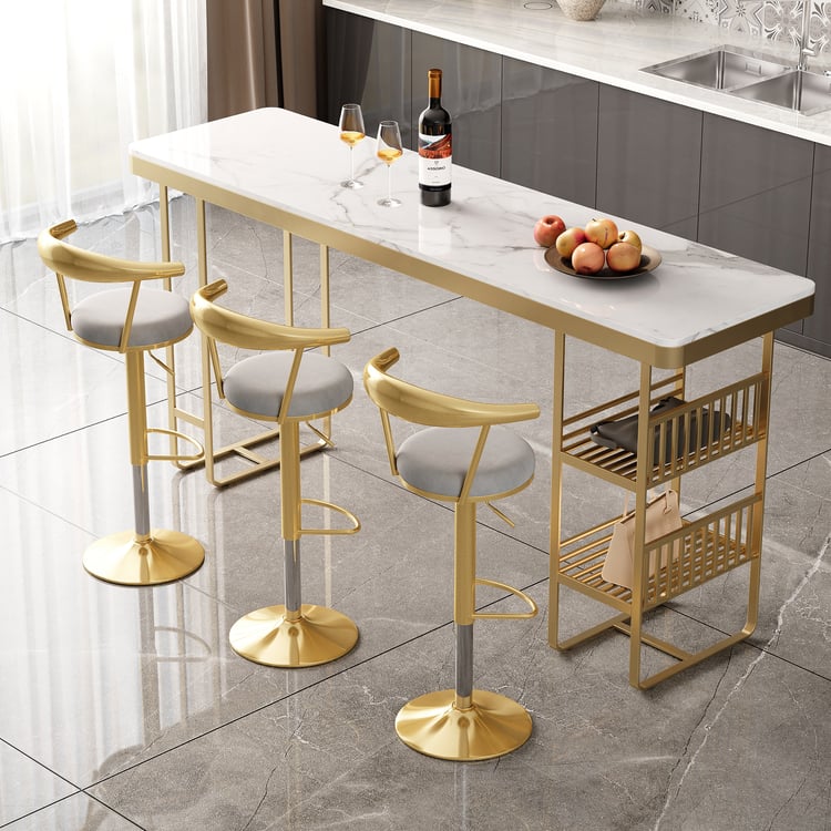 Kiztir Set Di 4 Sgabelli Da Bar In Velluto Beige E Oro, Regolabili In Altezza Con Schienale E Poggiapiedi