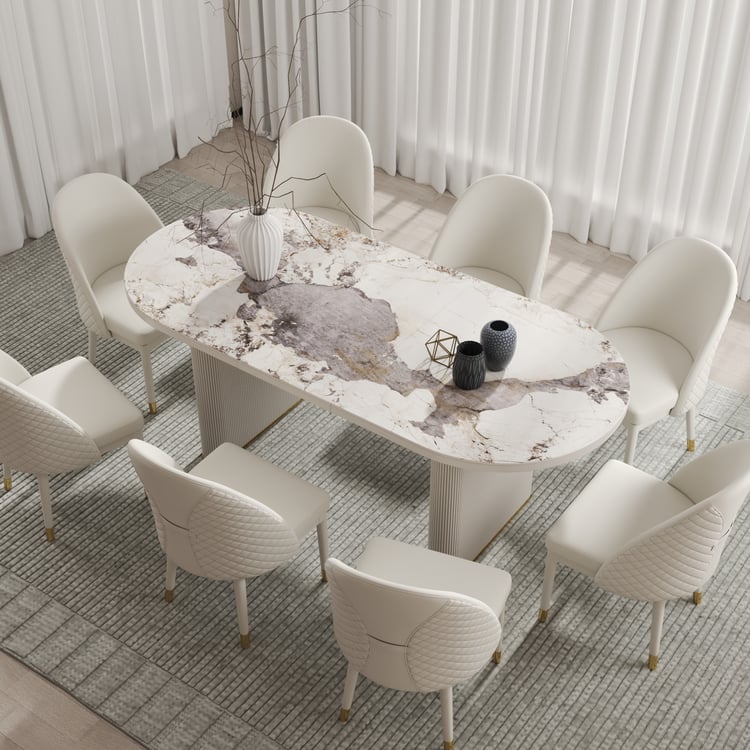 2000 mm 2400 mm ovale uitschuifbare eettafel van gesinterd stenen blad, witte stoelen 6-10