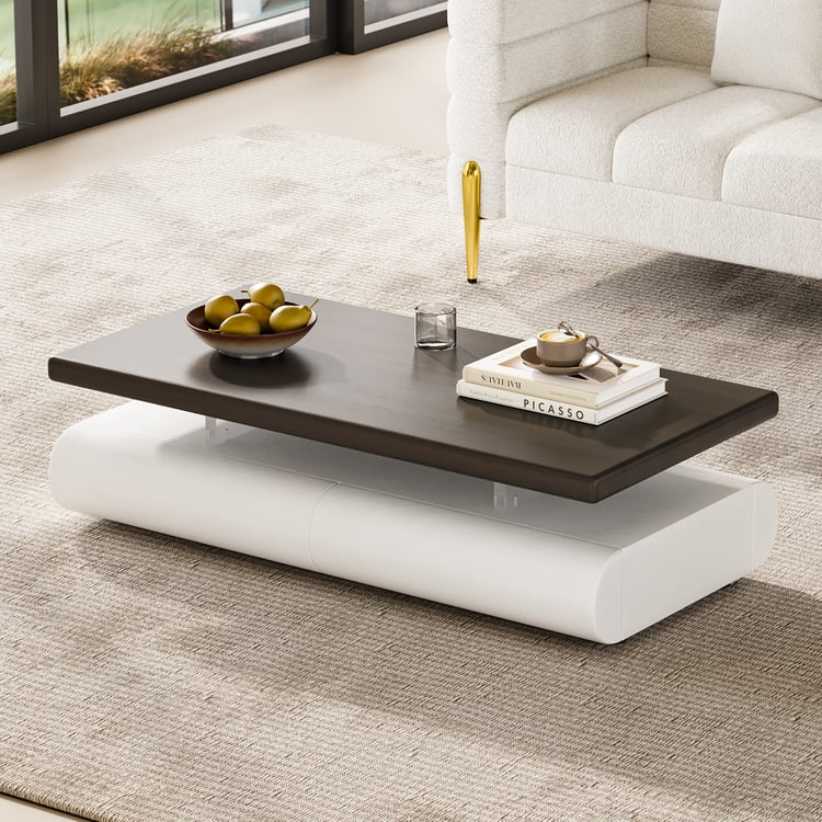 Dieser moderne Couchtisch aus Holz in den Farben Weiß und Nussbaum vereint Stil und Funktion. Mit Stauraum und rechteckigem Design ist er die perfekte Ergänzung für jedes Wohnzimmer.｜Homary DE