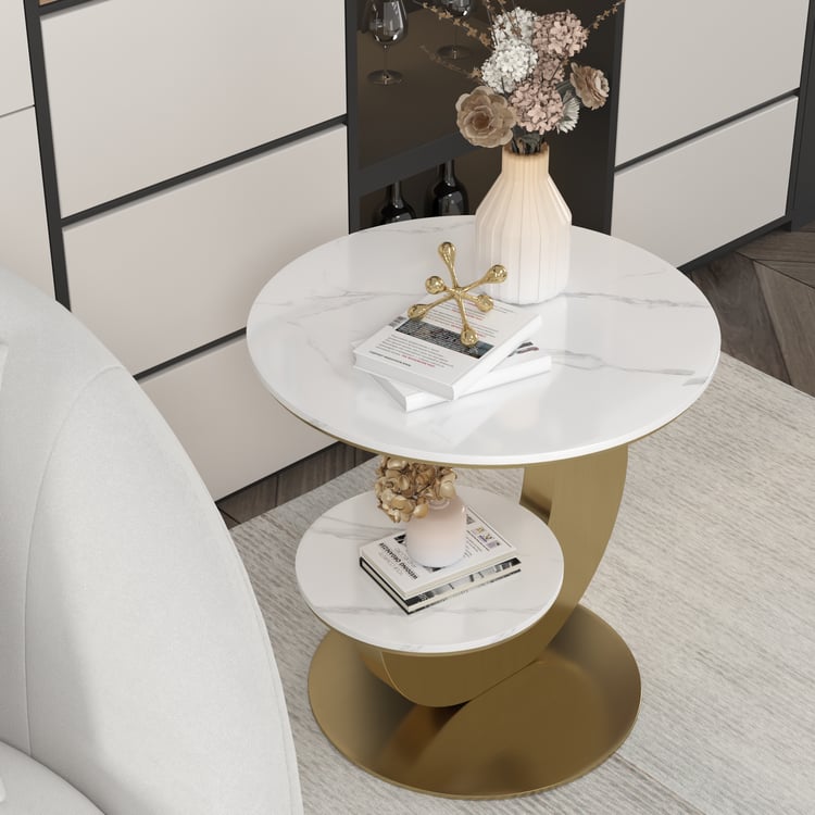 FATIVO Bijzettafel, marmer, goud, ronde salontafel, 2 legplanken, koffietafel, 55 x 52 x 51,2 cm, moderne woonkamertafel met goudkleurig metalen frame voor woonkamer, slaapkamer, hal, balkon