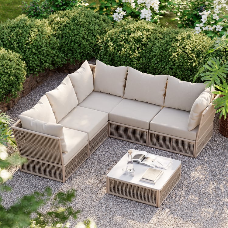 6 Pieces Woven Rope L Shaped Outdoor Sectional Sofa Set in Warm White