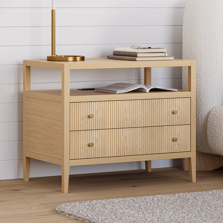 Stria Natural Fluted 6-Drawer Dresser & 2 Wide Nightstands Set