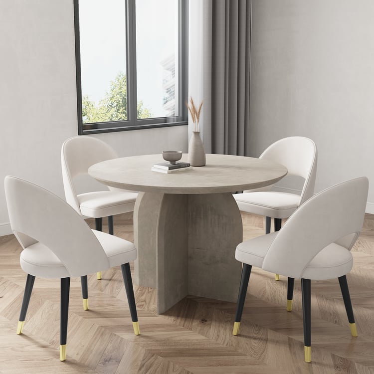 1000 mm moderne ronde eettafel en 4 moderne gestoffeerde lichtgrijze fluwelen eetkamerstoelen