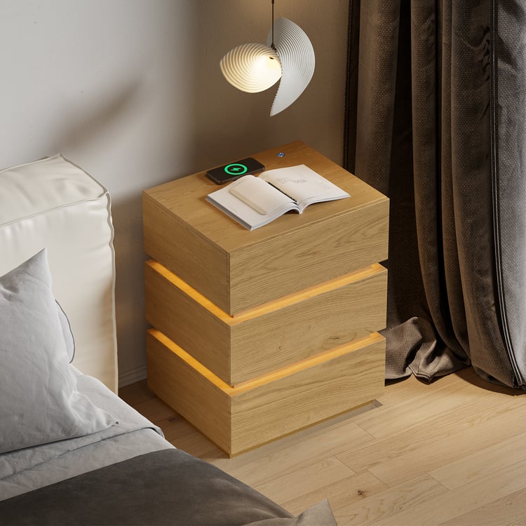 Holz Nachttischlampe Mit Kabelloser Ladefläche & LED-Uhr – 3 Lichtmodi, Stilvoll Aus Bambus