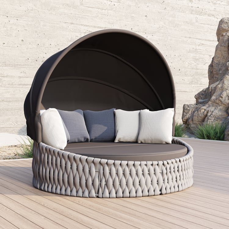 Îlot solaire de jardin tressé gris résistant aux intempéries Tatta avec cadre en aluminium et auvent