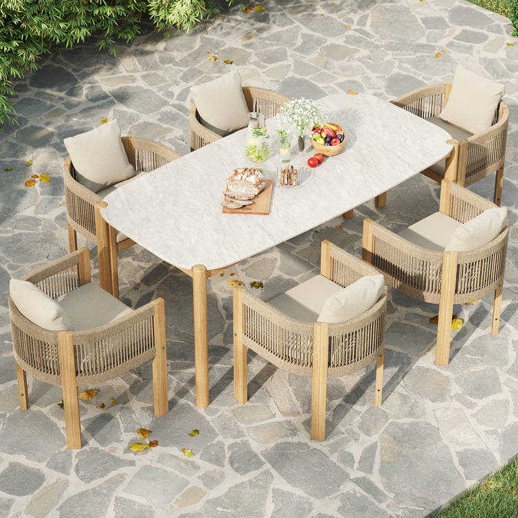 7 Pieces Outdoor White Cement & Teak Dining Table and Rattan Dining Chair Set