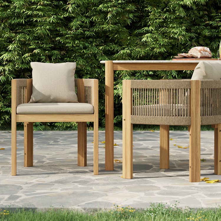 2 PCS Woven Rope & Teak Outdoor Dining Chair Boho Yard & Patio ...