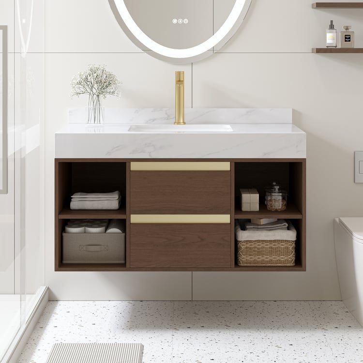 Bathroom Vanity Set 39.4"  Floating Sintered Stone Bathroom Vanity Walnut with Sink