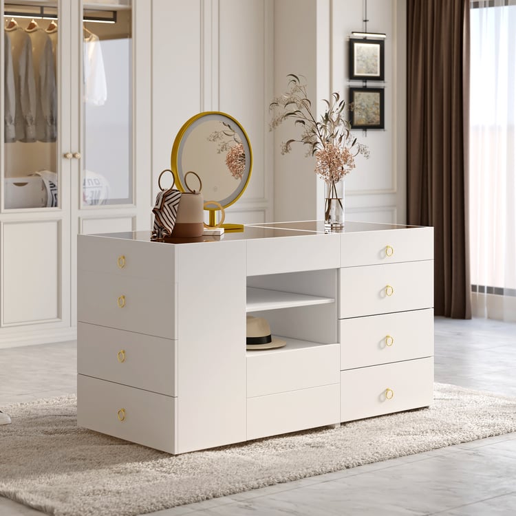 59" Vanity Dresser Glass Top Walk in Closet Island with Storage & Stool