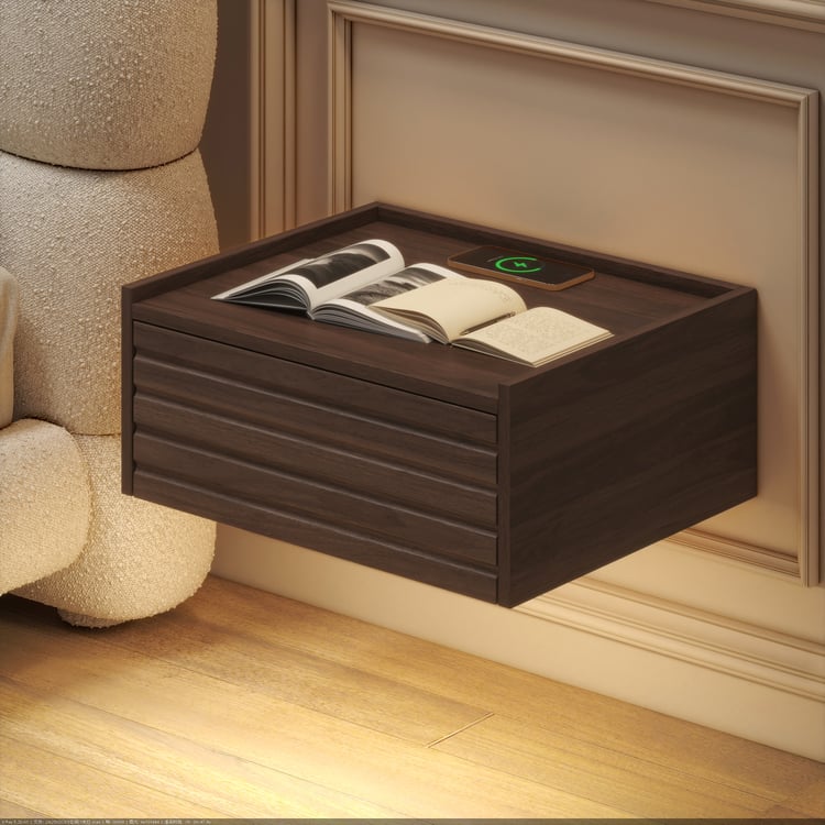 Floating Wooden Nightstand with Light & Charging Station