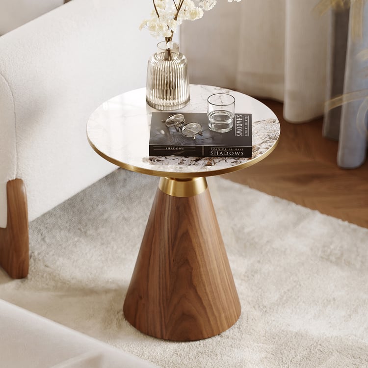 Round Sintered Stone Side Table, Walnut & Gold Frame End Table for