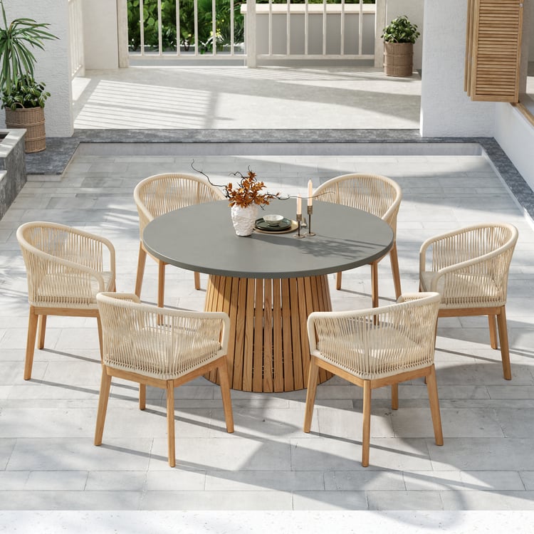 PCS Outdoor Round Cement Teak Dining Table and Woven Rope