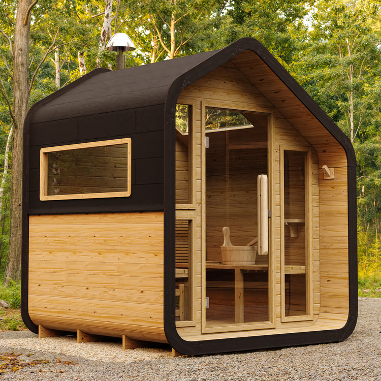 Outdoor Rustic Wooden Sauna with Front Porch Canopy