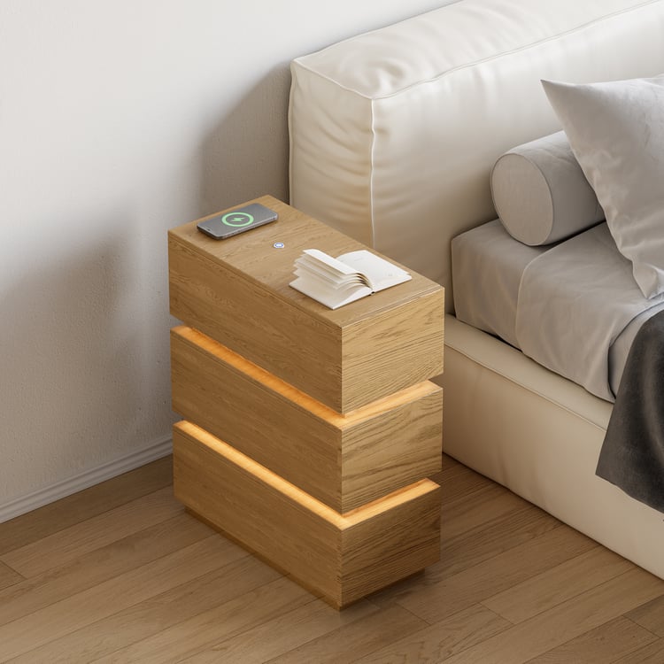 Table De Chevet Étroite En Bois Avec 3 Tiroirs Marron Gain De Place