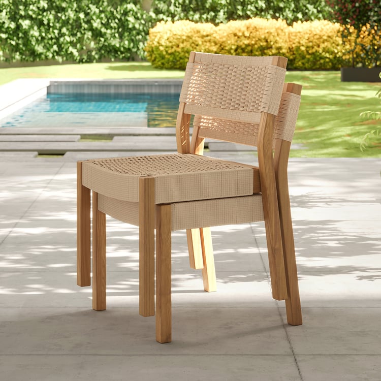 2-Pieces Acacia Wood & Rope-woven Outdoor Dining Chairs