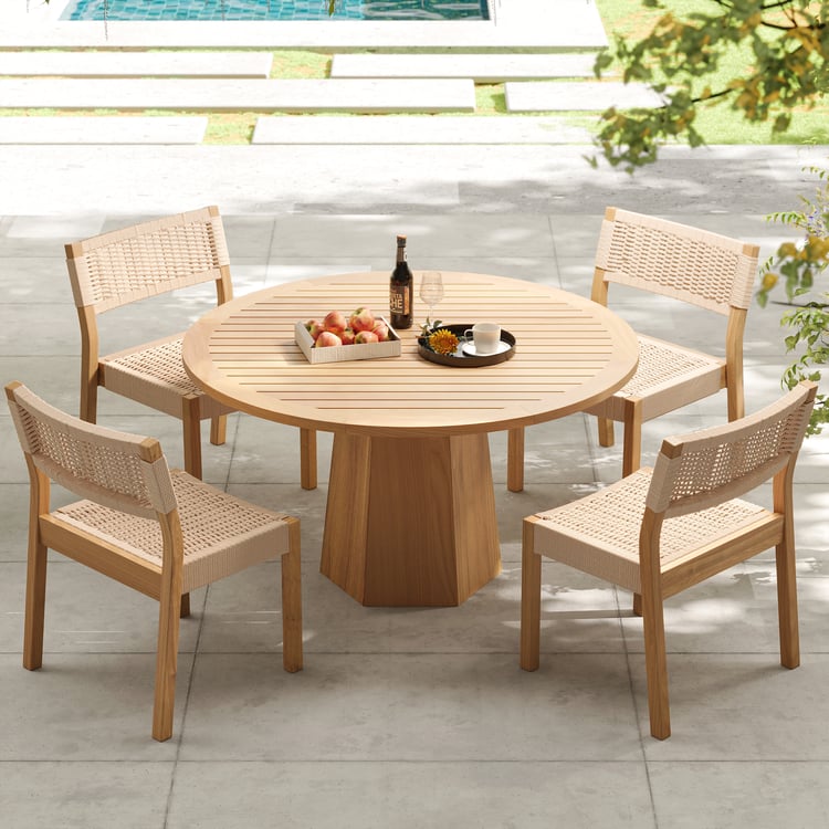 5-pieces Outdoor Natural Teak Round Table & Rope-woven Chair Set
