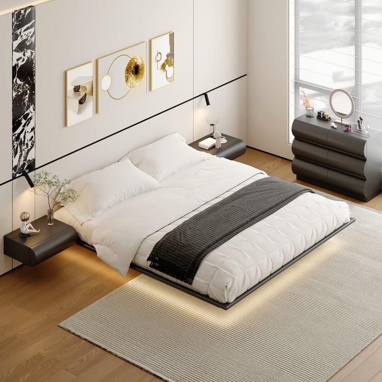 Modern Floating Bed King Size Bed Frame with Light & Floating Smart Nightstand Set