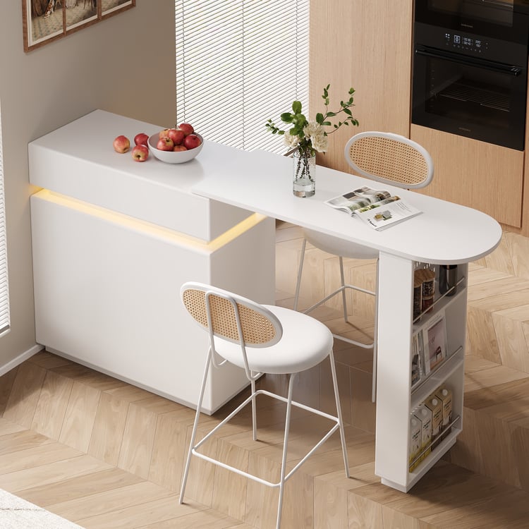 Kücheninsel in Mattweiß aus Holzwerkstoff mit LED-Beleuchtung und ausziehbarer Platte modern oval 2-Sitzer｜Homary DE