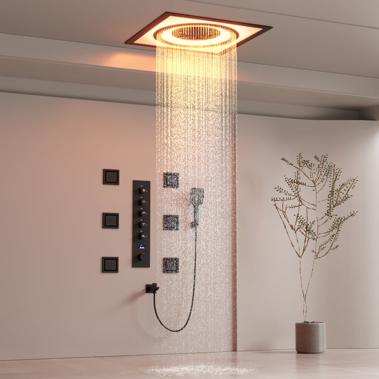 650mm Thermostatic LED Rainfall Shower System with 6 Body Jets ...